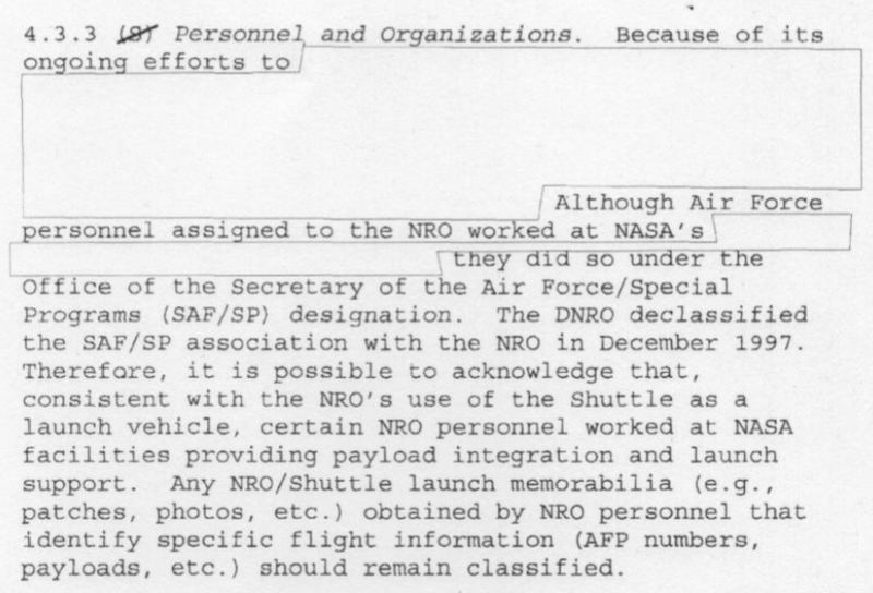 Excerpt from a newly declassified document titled Declassifying the ‘Fact of’ the NRO’s Use of the Space Shuttle as a Launch Vehicle (National Reconnaissance Office/FOIA)